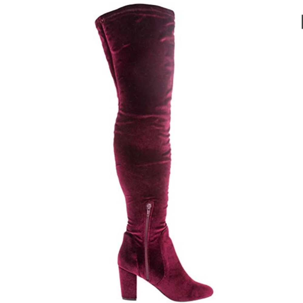 Burgundy Wine Velvet Block Heel Over The Knee Boot - Picture 3 of 5